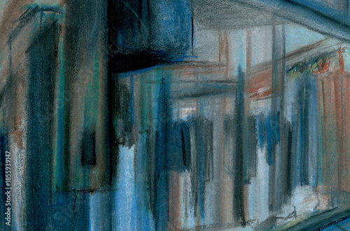 Fantastic metropolis, a city of the future on the shore, illuminated by the sun. Hand-drawn illustration of a modern city for your background.