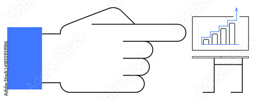 Business growth, data analysis, direction, success, focus, guidance. Hand pointing at rising bar chart on screen. Business growth and data analysis concept