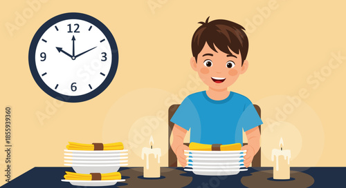Happy young boy sitting at a dining table with stacks of white plates and candles while a wall clock shows ten o'clock.