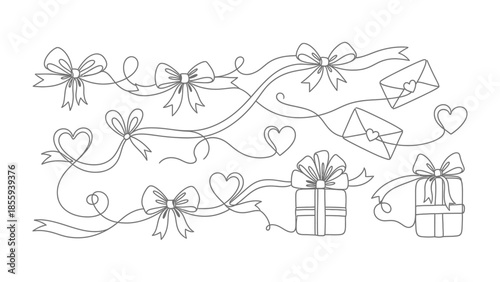 Elegant Embellishments: Delicately illustrated bows, ribbons, gifts, letters, and hearts dance in a graceful display. Perfect for adding a touch of romance or festivity.