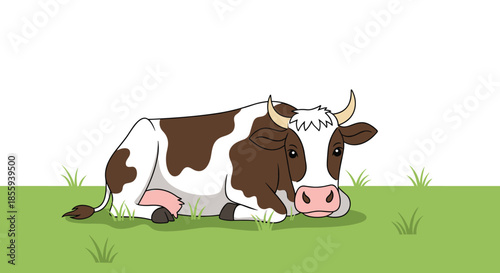 Brown and white spotted cow resting peacefully while lying down in a green grassy field under a bright and clear sky.