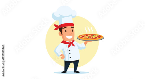 Cheerful cartoon chef in a white uniform holding a tray with a steaming hot pizza against a yellow circular background.