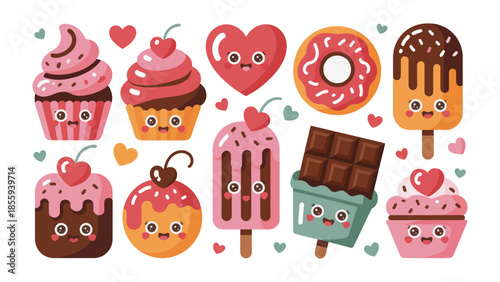 Sweet Treats Extravaganza: A whimsical assortment of delectable sweets, including cupcakes, heart-shaped confections, doughnuts, and ice cream treats.