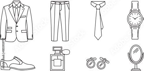 Collection of men's formal wear and accessories including a suit jacket trousers tie watch shoes perfume and cufflinks on a white background