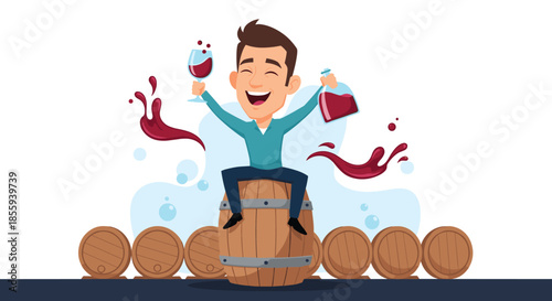 Joyful man celebrating while sitting on a large wooden wine barrel and holding a glass and a carafe of red wine.