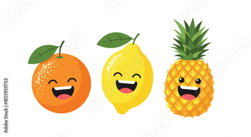 Group of cheerful cartoon fruits including an orange, a lemon, and a pineapple with smiling faces isolated on white.