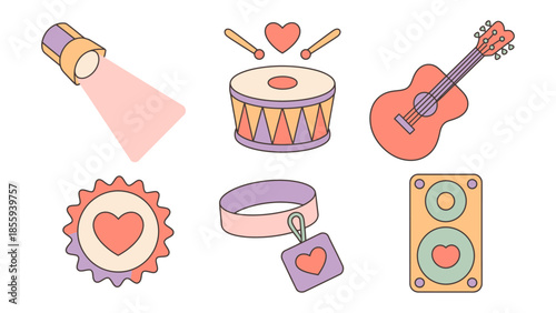 Melodic Essentials: A harmonious collection of musical instruments and love-themed elements, rendered in a charming, minimalist style.
