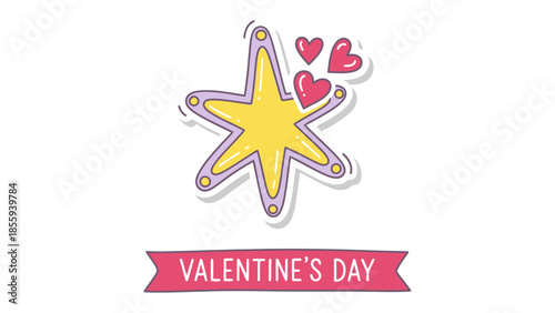 Valentine's Day Starry Delight: A charming, hand-drawn star adorned with hearts and a banner that spells Valentine's Day, a cute icon for conveying romantic feelings.