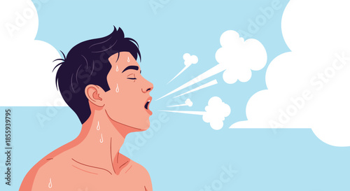 Profile of a young man sweating and exhaling heavily after an intense workout or in extreme heat against a blue sky.