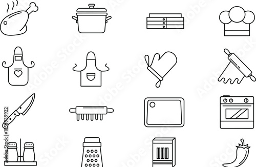Collection of black line icons for kitchenware and cooking featuring chef hat oven mitt apron rolling pin knife stove pot and food ingredients symbols