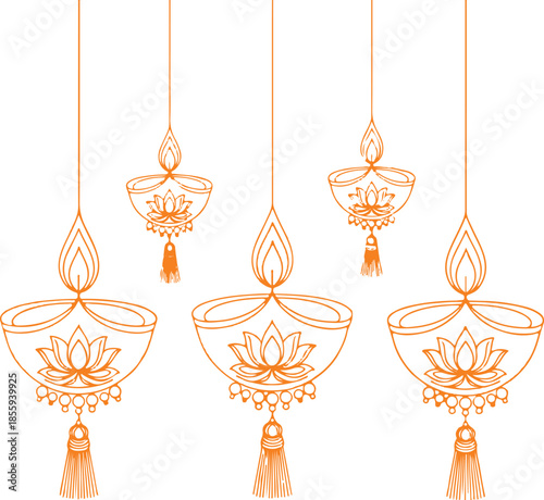 Decorative orange outline hanging oil lamps with lotus flower motifs and tassels on a white background for festive occasions
