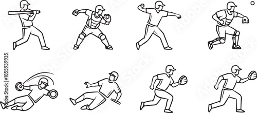 Eight black and white line of baseball players in various action poses on a white background representing batting catching throwing and fielding
