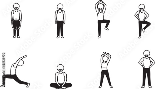 Eight simplified black and white figures in various yoga and exercise poses demonstrating flexibility and fitness on a white background