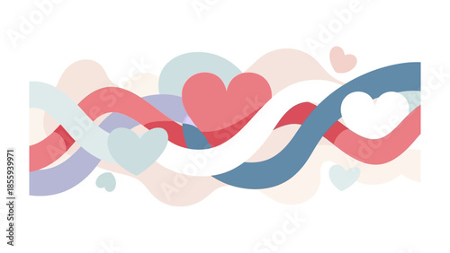 Interwoven Hearts: A romantic display of love with intertwining ribbons and hearts, painted in pastel hues of red, blue, and white, embodies the essence of affection, connection, and emotional bonds.