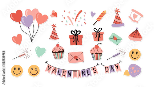Valentine's Day Elements: A charming collection of Valentine's Day elements, including heart-shaped balloons, gifts, cupcakes, and festive banners, perfect for creating romantic designs.