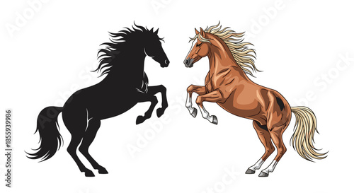 Artistic comparison of two powerful horses rearing up on their hind legs shown as a black silhouette and a detailed chestnut.
