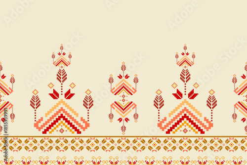 Ikat ethnic embroidery geometric abstract Aztec element seamless pattern. Native decorative oriental traditional design for fabric, clothing, wallpaper, background, texture, interior, decoration