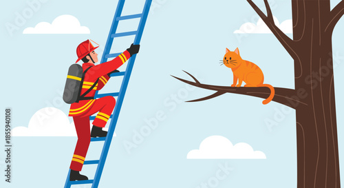 Brave firefighter in full protective gear climbing a blue ladder to rescue an orange cat stranded high on a tree branch.
