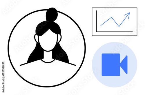 Online communication, video conferencing, user interaction, business growth, analytics, digital media. A female avatar in a circle, video icon and a line chart with an upward arrow. Online