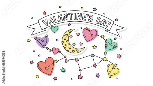Valentine's Day Illustration: A charming, hand-drawn illustration featuring a banner with the text Valentine's Day, stars, hearts and a crescent moon, capturing the essence of romance and affection. 