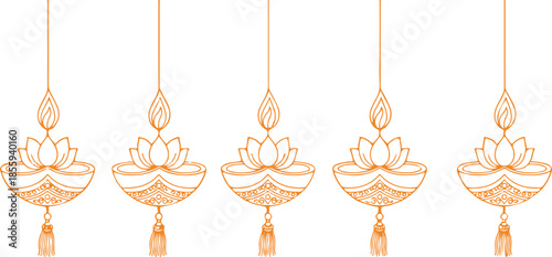 Horizontal row of five orange outline hanging oil lamps with lotus flower and tassels on a white background for festive celebrations