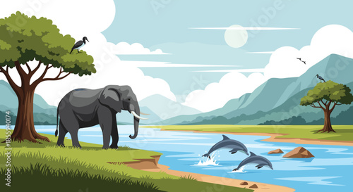 Surreal and diverse natural landscape featuring a majestic elephant on a riverbank with dolphins leaping from the water against distant mountains.