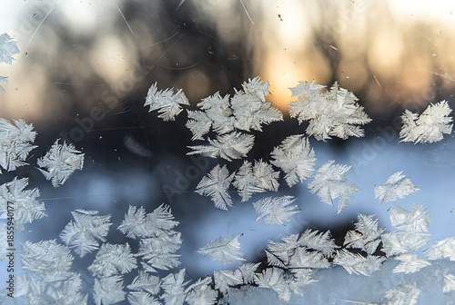 Winter Frost and Snowflakes on Glass with Warm Light Bokeh