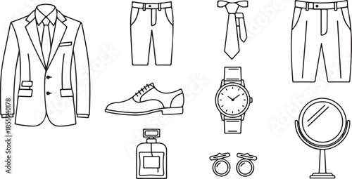 Group of men's formal clothing and accessories depicted as line on a white background showing a suit jacket trousers tie watch shoes perfume and