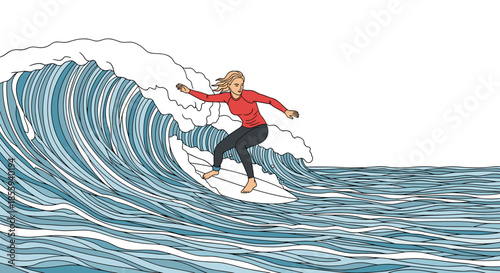 Adventurous woman surfing expertly on the crest of a massive blue ocean wave against a clean white background.