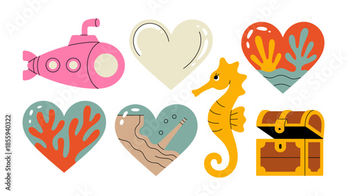 Ocean's Treasures: A captivating set of playful illustrations featuring underwater motifs, including hearts, a submarine, seahorse, and treasure chest.