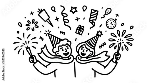 Celebration Duo: Joyous figures, adorned in festive attire, ignite sparklers amidst a whimsical flurry of confetti, fireworks, and celebratory symbols, encapsulating the spirit of merriment.