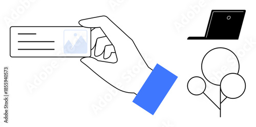 Identity verification, digital security, online access, personal authentication, modern technology, user identification. A hand holding an ID-sized card alongside a laptop and tree symbol. Identity
