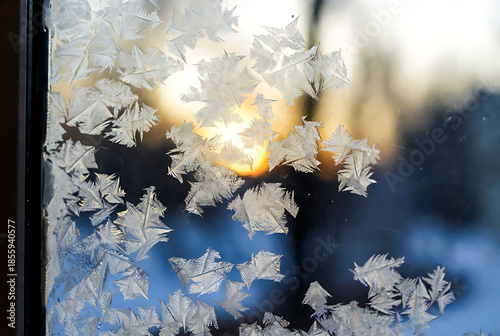 Winter Frost and Snowflakes on Glass with Warm Light Bokeh