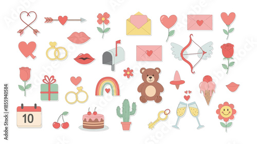 Valentine's Day Icon Set: A vibrant collection of romantic symbols, perfect for conveying love and affection. Featuring hearts, arrows, flowers, gifts, and more.