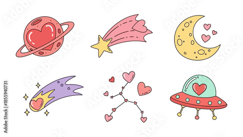 Cosmic Romance: A whimsical scene unfolds with celestial bodies of love, a heart-shaped planet orbits serenely, while shooting stars of affection streak across the night.