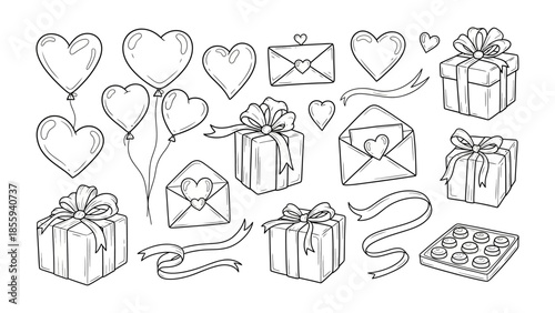 Love in Every Detail: A delightful composition features heart-shaped balloons, love letters, wrapped gifts, ribbons, and a box of chocolates. All the essential elements of love and happiness. 