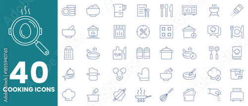 A clean and modern set of cooking icons in minimalist line style with editable strokes, perfect for food apps, recipe blogs, kitchenware packaging, and culinary projects