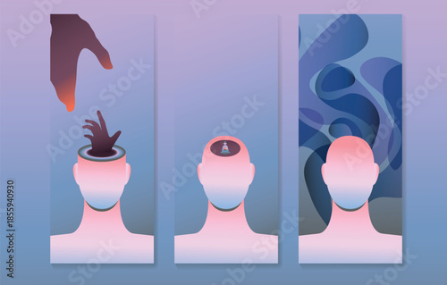 Conceptual mental health poster set with silhouettes and abstract pressure shapes. Symbol of depression, emotional breakdown, mental crisis and psychological struggle.