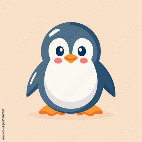Cartoon penguin with a white belly, orange beak and feet, and pink cheeks on a light background.