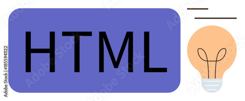 HTML text inside a rectangle with a glowing light bulb beside it, signifying innovation and coding. Ideal for programming, technology, innovation, web design, creativity, learning, simple flat