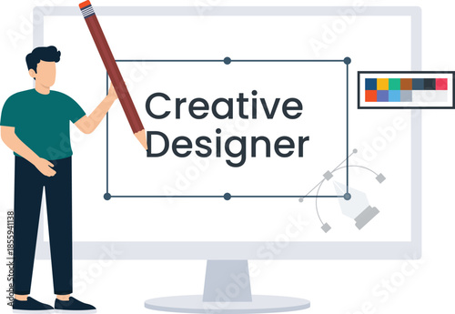 Creative designer graphic design digital artwork web development online creativity user interface computer screen drawing pencil modern technology flat design content creation business concept