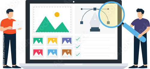 Graphic design content creation digital workflow image editing creative process web development quality control vector illustration two people laptop screen online review visual assets