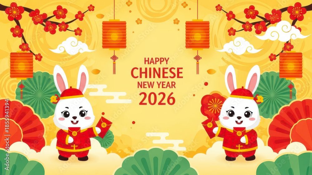 Naklejka premium Happy chinese new year 2026 greeting with cartoon rabbits