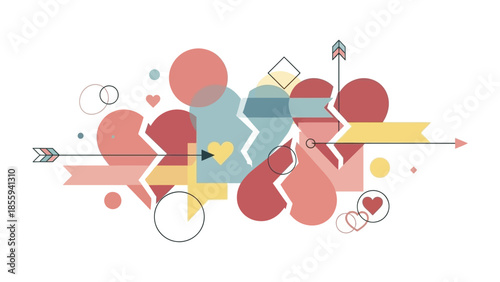 Love's Fragmented Path: This striking vector image depicts an abstract portrayal of love's complexities. The central theme of broken hearts, amidst artistic elements.