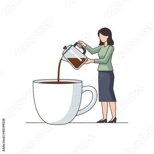 Woman pouring coffee in cup simple illustration about morning routine and refreshment preparing
