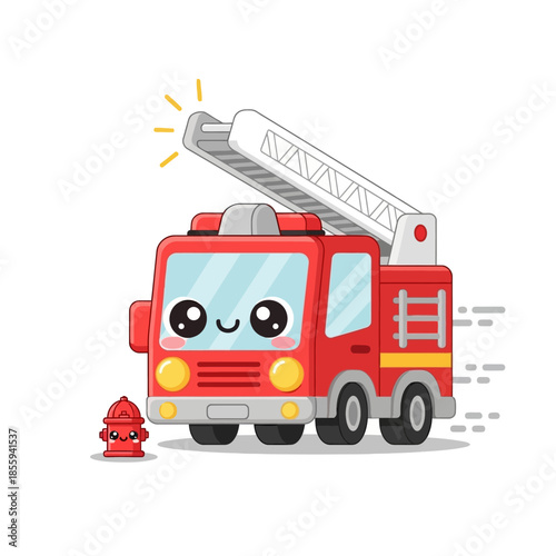 Charming cartoon fire truck illustration with adorable hydrant companion on a plain background