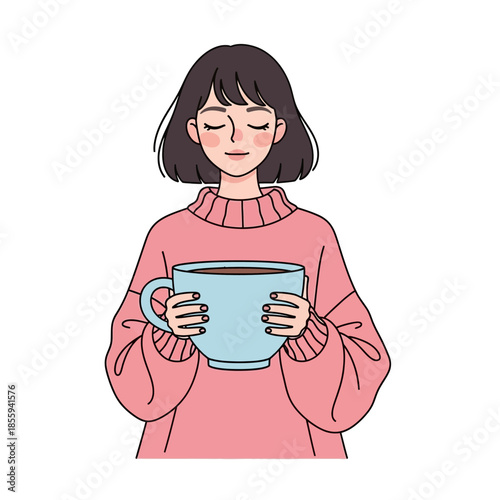 Serene moment with warm beverage: a woman enjoys the simple pleasure of a comforting drink