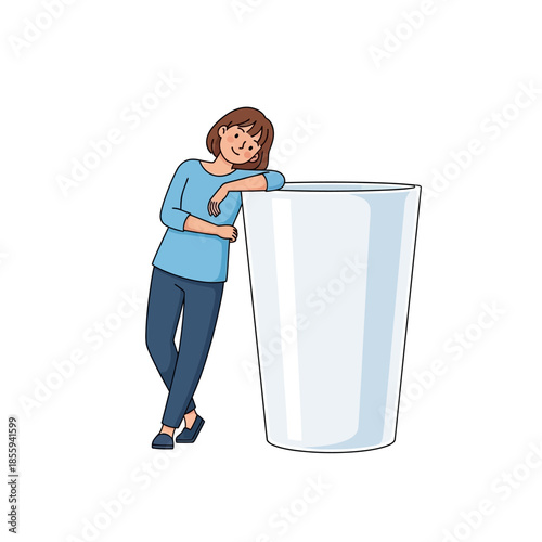 A relaxed woman leans against a giant glass, reflecting on purity and tranquility of water