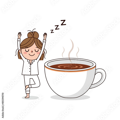 Morning awakening ritual illustration featuring sleepy girl and a cup of hot beverage