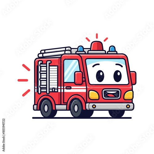 Adorable cartoon fire truck illustration with large expressive eyes and playful design